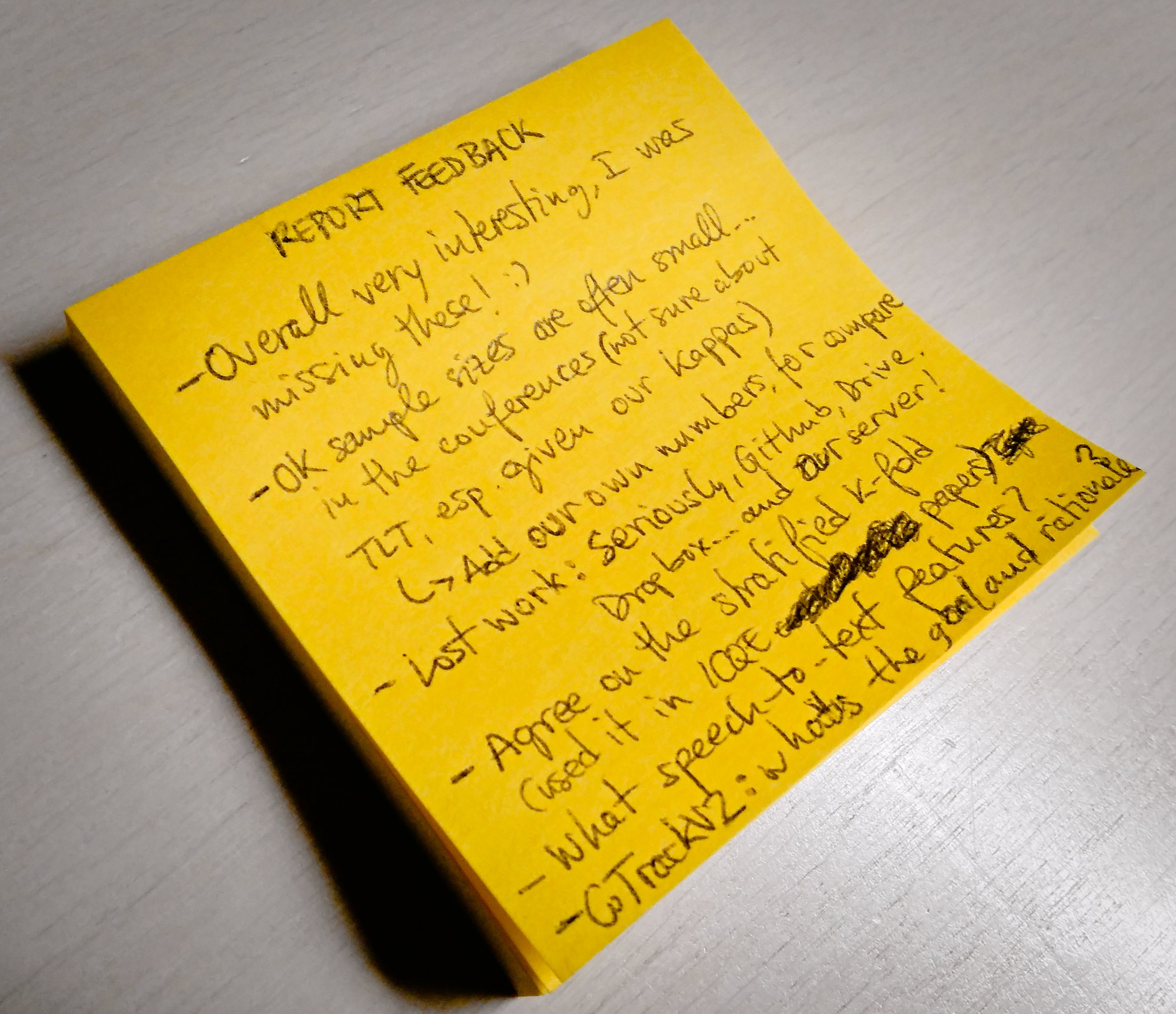 Photo of a real example of feedback post-it
